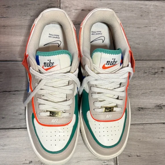 Nike Women Air Force 1 Low Sneakers - White, Green, Orange - Picture 8 of 12